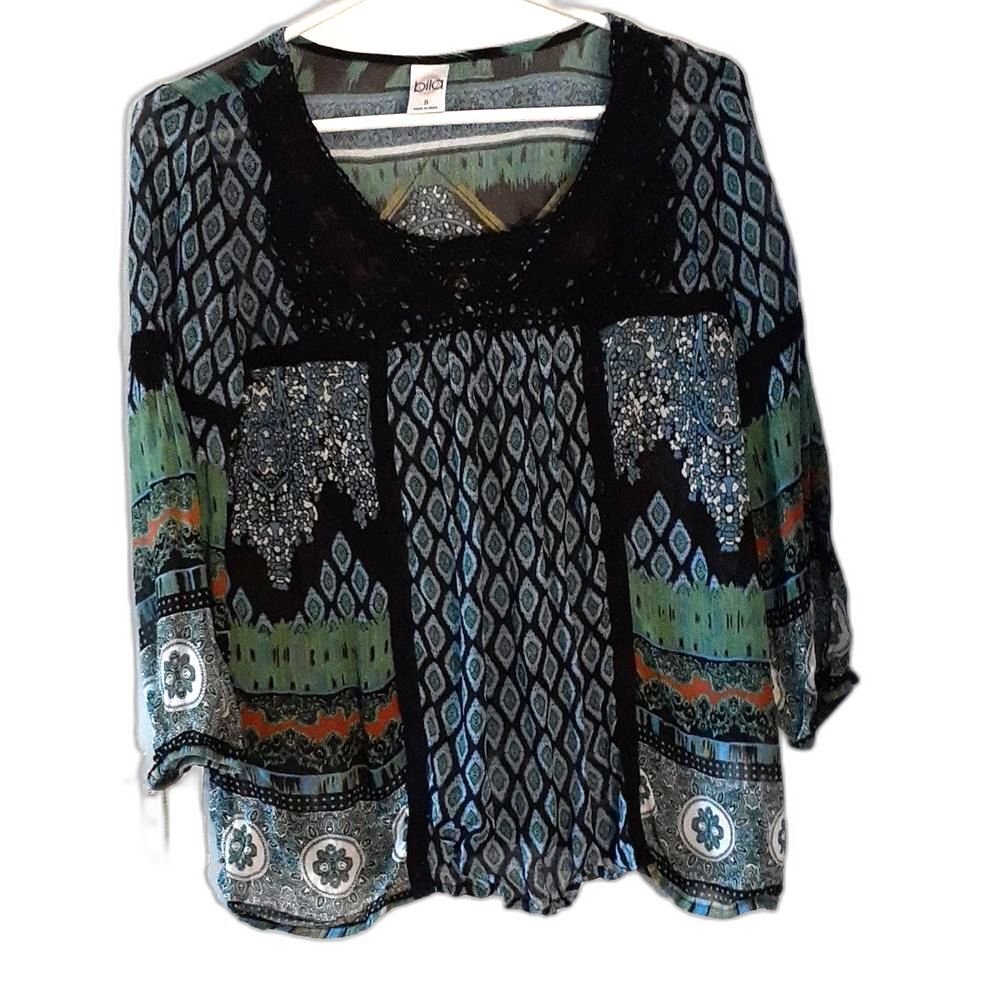 bila top s black blue paisley Indian print summer rayon shirt boho crochet